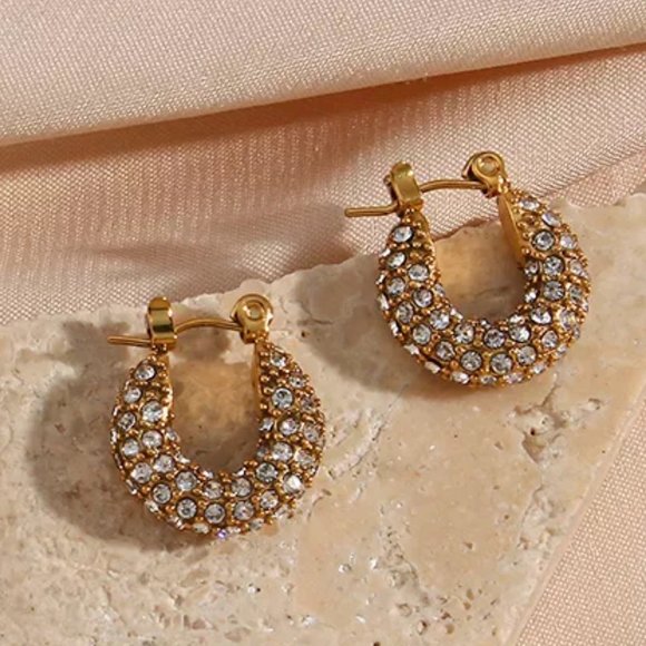 Small Zircon Huggie Hoop 18K Gold Plated Stainless Steel‎ Earrings - Picture 7 of 9